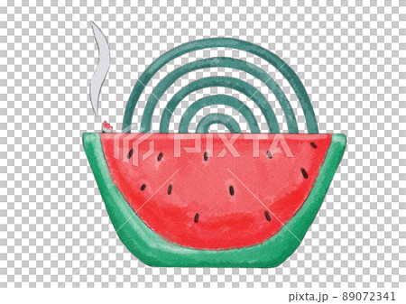 火のついたスイカ模様ホルダー入り蚊取り線香の正面向きイラスト（水彩風） 89072341