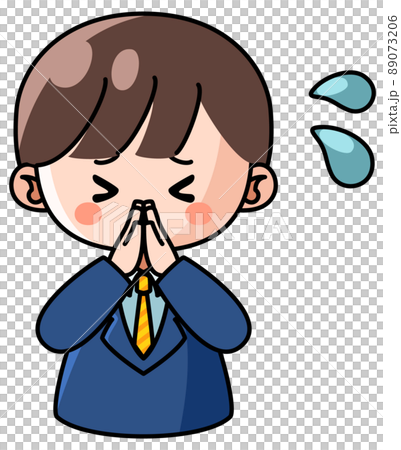 Illustration of a man in a suit desperately apologizing 89073206