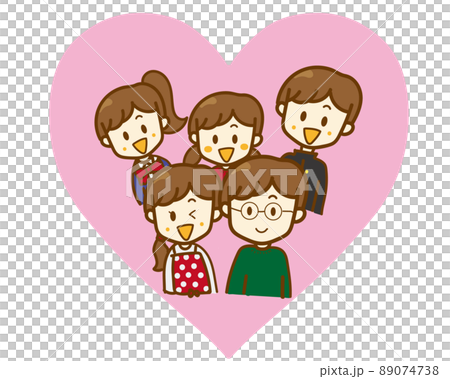 ハートに囲まれている愛情たっぷりに育てられた子供と夫婦の手書きの家族イラスト。5人家族・幸せ・笑顔 89074738