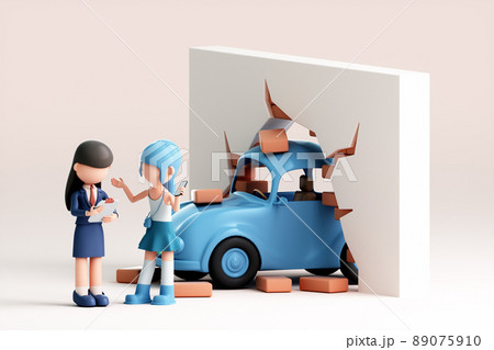 3D rendering of cute female driver with car 89075910