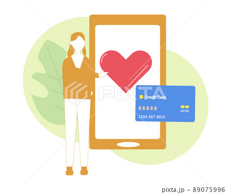募金・寄付をする女性 スマホでお金を送る クレジットカード 人物イラスト 89075996