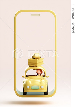 3D rendering of cute female driver with car 89076102