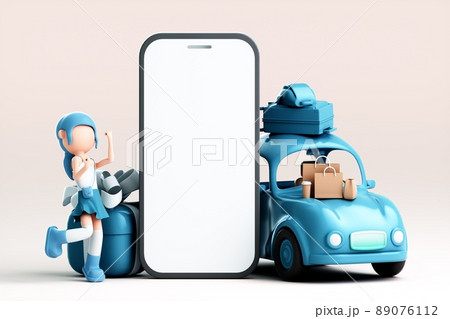 3D rendering of cute female driver with car 89076112