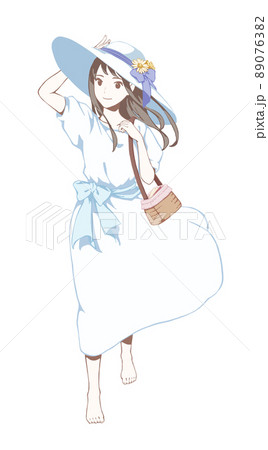 帽子を押える白いワンピースの女性 すまし笑顔 のイラスト素材 0763