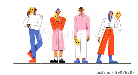 Sad people cover faces with smiling masks, vector 89076587