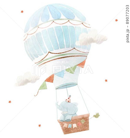 Beautiful children composition with cute watercolor hand drawn baby elephant on air balloon. Stock illustration. 89077203