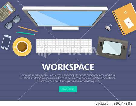 Workspace Banner with Objects Rested on Desk Top View of Table Vector Template Workspace Banner with Objects Rested on Desk Top View of Table Vector Template 89077385