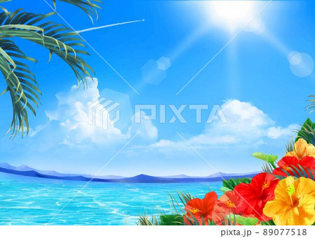 太陽の光差し込む青い空の下、美しい海沿いにヤシの葉とハイビスカスの咲く夏のおしゃれフレーム背景素材 太陽の光差し込む青い空の下、美しい海沿いにヤシの葉とハイビスカスの咲く夏のおしゃれフレーム背景素材 89077518