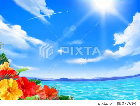 太陽の光差し込む青い空の下 美しい海沿いに飛行機とハイビスカスの咲く夏のおしゃれフレーム背景素材のイラスト素材