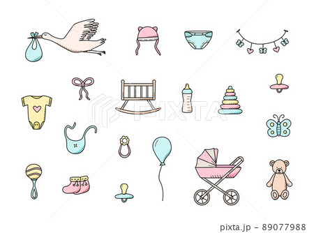 Newborn icons set. Vector illustration of elements for a little baby. baby stroller, baby work, rattles and teddy bear and much more 89077988