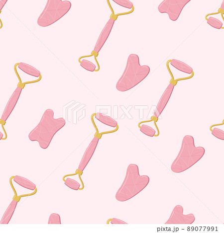 Seamless pattern of trendy gua sha scrapers made of natural stone and cosmetic oil, roller massager for facial care. Vector illustration skin care concept 89077991