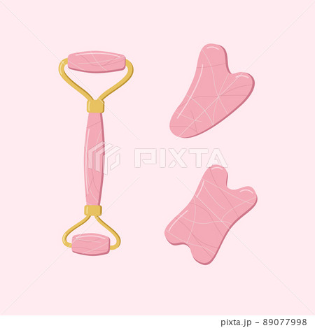 A set of trendy gua sha scrapers made of natural stone and roller massager for facial care. Vector illustration skin care concept 89077998