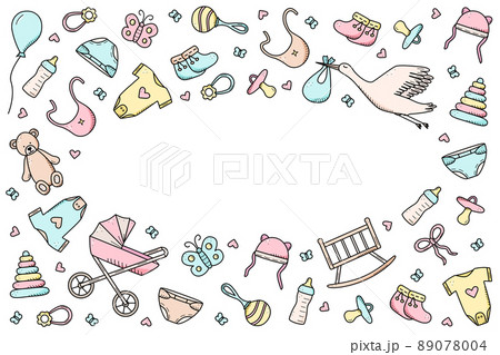 Newborn icons set. Vector illustration of elements for a little baby. baby stroller, baby work, rattles and teddy bear and much more 89078004