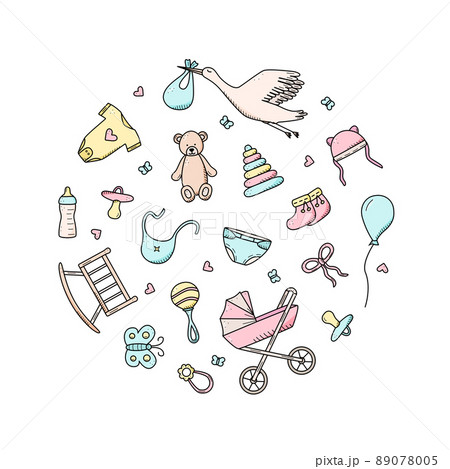 Newborn icons set. Vector illustration of elements for a little baby. baby stroller, baby work, rattles and teddy bear and much more 89078005