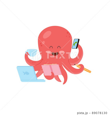 Funny octopus character as businessman working at laptop, flat vector isolated. Funny octopus character as businessman working at laptop, flat vector isolated. 89078130