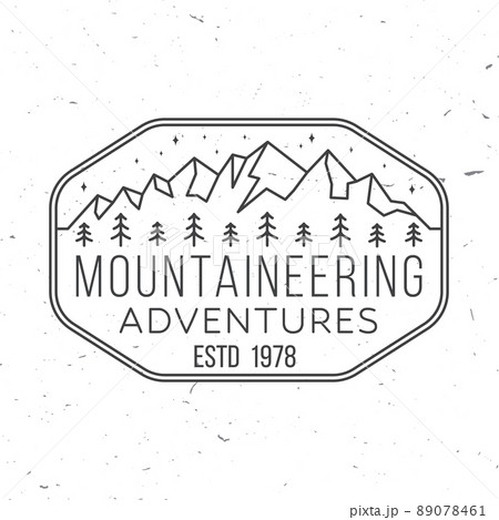 Mountaineering adventure badge. Vector illustration. Concept for alpine club shirt or logo, print, stamp or tee. Vintage line art design with mountain silhouette. 89078461