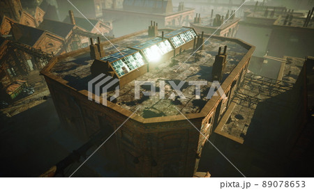 Abandoned factory with concrete ruins in industrial district 89078653