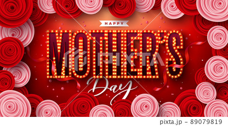 Happy Mother's Day Greeting Card Design with Rose Flower and Light Bulb Billboard Lettering on Red Background. Vector Mothers Day Illustration Template for Banner, Flyer, Invitation, Brochure, Poster. 89079819
