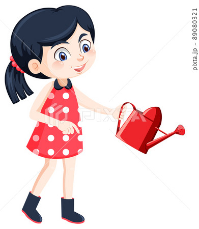 A girl in red dress holding watering pot - Stock Illustration [89080321] -  PIXTA