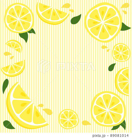 フレッシュなカットレモンの飾りフレームとストライプ背景のイラスト素材