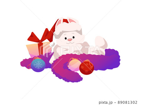 Cute cartoon rabbit sits with gifts, colorful christmas balls isolated on white Cute cartoon rabbit sits with gifts, colorful christmas balls isolated on white 89081302