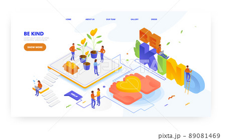 Be kind, landing page design, website banner vector template. People growing hearts in pots. Charity, help, volunteering 89081469
