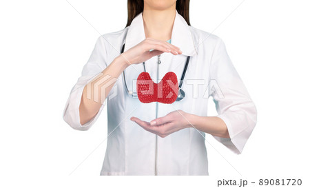 Female doctor holding virtual Thyroid Gland in hand. Female doctor holding virtual Thyroid Gland in hand. 89081720