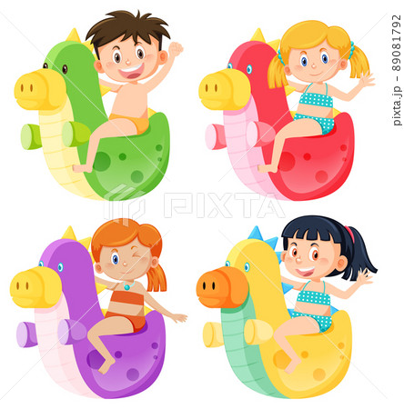 Happy boy and girl in swimwear next to inflatable dinosaur 89081792