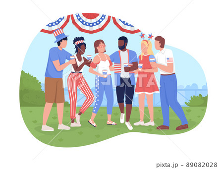 July fourth celebration party 2D vector isolated illustration. Happy friends at Independence day flat characters on cartoon background. Holiday colourful scene for mobile, website, presentation 89082028
