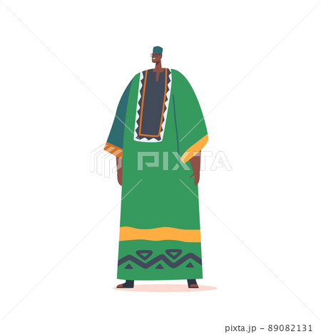 Portrait of African Man Wear Tribal Clothes Isolated on White Background. Male Character of Africa Wear Long Green Dress 89082131