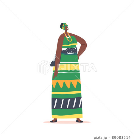 African Woman Wear Traditional Turban and Colorful Dress, Tribal Female Character in Long Green Dress and Turban 89083514