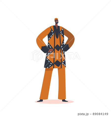 Portrait of African Man Wear Tribal Clothes Stand with Arms Akimbo. Smiling Indigenous Male Character of Africa 89084149