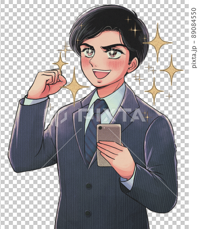Illustration of a hot-blooded office worker holding a smartphone in Showa's graphic novel style, guts pose Illustration of a hot-blooded office worker holding a smartphone in Showa's graphic novel style, guts pose 89084550