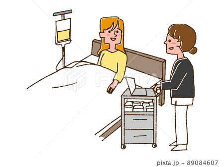 入院患者の女性に声をかける看護師　コミカルな手書きの人物　ベクター、線画にカラー 89084607