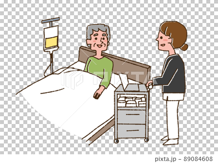 入院患者の高齢女性に声をかける看護師　コミカルな手書きの人物　ベクター、線画にカラー 89084608