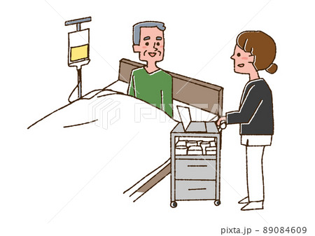 入院患者の高齢男性に声をかける看護師　コミカルな手書きの人物　ベクター、線画にカラー 89084609
