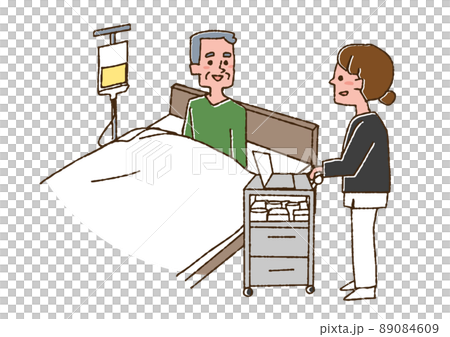 入院患者の高齢男性に声をかける看護師　コミカルな手書きの人物　ベクター、線画にカラー 89084609