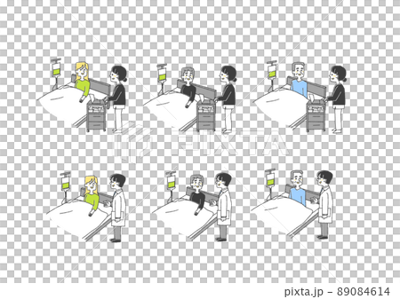 一組醫生和護士呼喚住院病人、滑稽的手繪人物、矢量圖、線條藝術和顏色 一組醫生和護士呼喚住院病人、滑稽的手繪人物、矢量圖、線條藝術和顏色 89084614