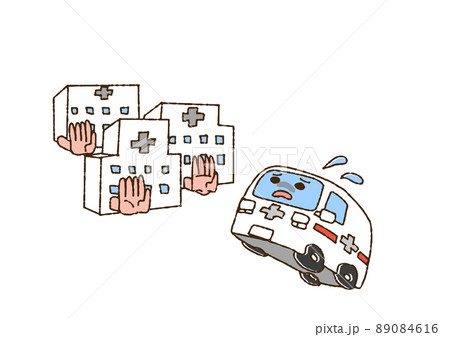受け入れ先病院が見つからない救急車　コミカルな手書きイラスト　ベクター、線画にカラー 89084616