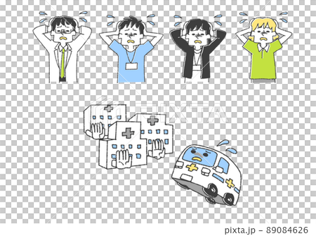 頭を抱えている医療従事者と受け入れ先がない救急車のセット コミカルな手書きの人物 ベクター、線画 頭を抱えている医療従事者と受け入れ先がない救急車のセット コミカルな手書きの人物 ベクター、線画 89084626