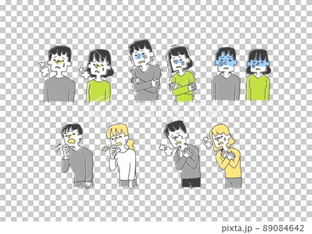 いろいろな体調不良の人物のセット　コミカルな手書きの人物　ベクター、線画にカラー 89084642