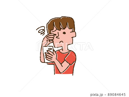 スマホの見過ぎで目の疲れを感じている男の子　コミカルな手書きの人物　ベクター、線画にカラー 89084645