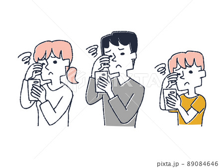 スマホの見過ぎで目の疲れを感じている人々のセット　コミカルな手書きの人物　ベクター、線画にカラー 89084646