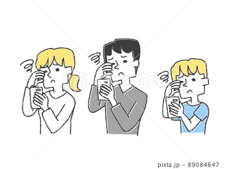 スマホの見過ぎで目の疲れを感じている人々のセット　コミカルな手書きの人物　ベクター、線画にカラー 89084647