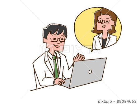 他の医師とオンラインで連絡を取っている医師　コミカルな手書きの人物　ベクター、線画にカラー 89084665