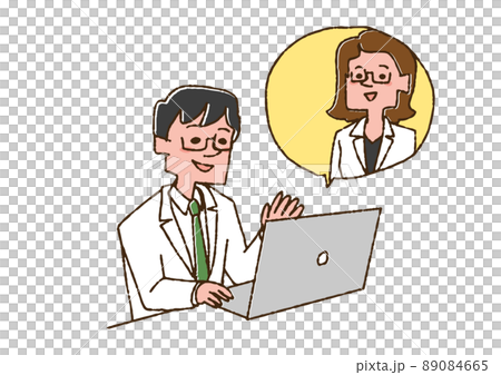 他の医師とオンラインで連絡を取っている医師　コミカルな手書きの人物　ベクター、線画にカラー 89084665