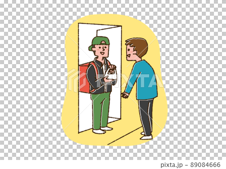 宅配サービスを玄関で受け取る男性　コミカルな手書きの人物　ベクター、線画にカラー 89084666