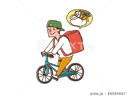 自転車で食料品の宅配サービスを配達する男性　コミカルな手書きの人物　ベクター、線画にカラー 89084667