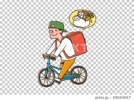 一個騎自行車提供雜貨配送服務的人，一個滑稽的手寫人物矢量，線條畫上的顏色 89084667