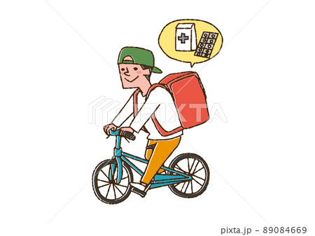 自転車で処方箋薬の宅配サービスを配達する男性 コミカルな手書きの人物 ベクター 線画にカラーのイラスト素材